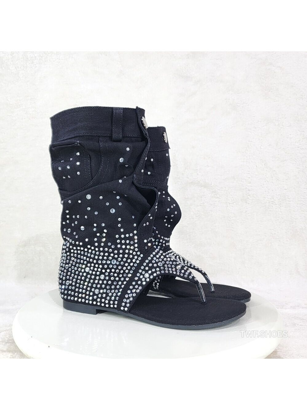 NIB Perplex Black Denim & Rhinestones Sandal Slouch Boots Shooties